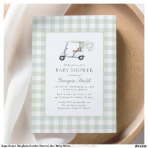 Sage Green Gingham Gender Neutral Golf Baby Shower Invitation