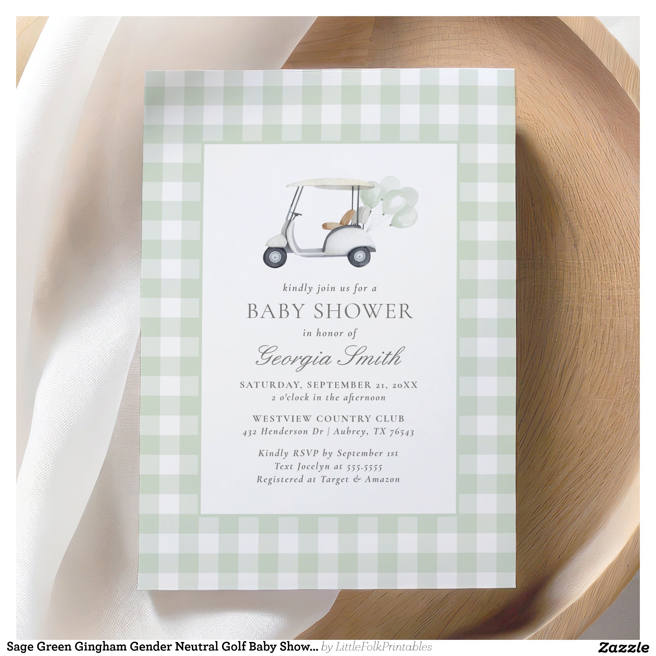 Sage Green Gingham Gender Neutral Golf Baby Shower Invitation