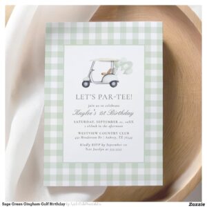 Sage Green Gingham Golf Birthday Invitation