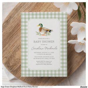 Sage Green Gingham Mallard Duck Baby Shower Invitation