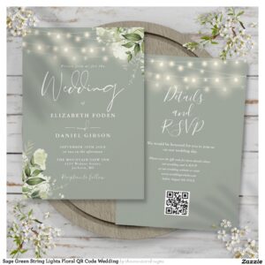 Sage Green String Lights Floral QR Code Wedding Invitation
