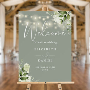Sage Green String Lights Floral Wedding Welcome Foam Board
