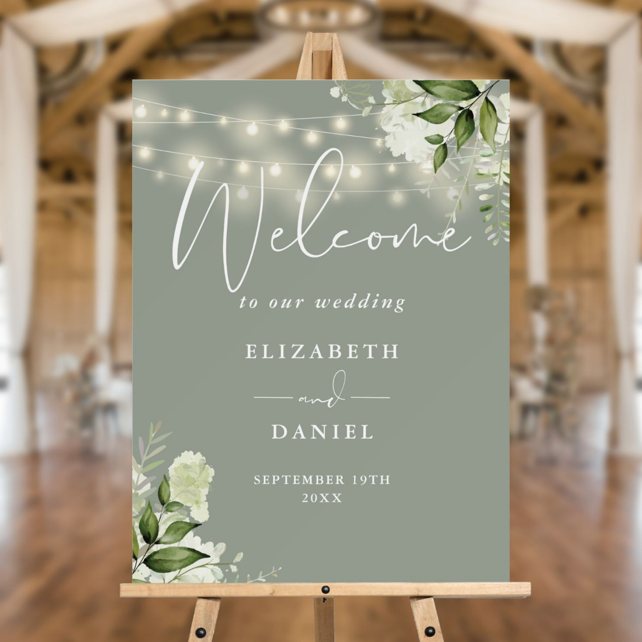 Sage Green String Lights Floral Wedding Welcome  Foam Board