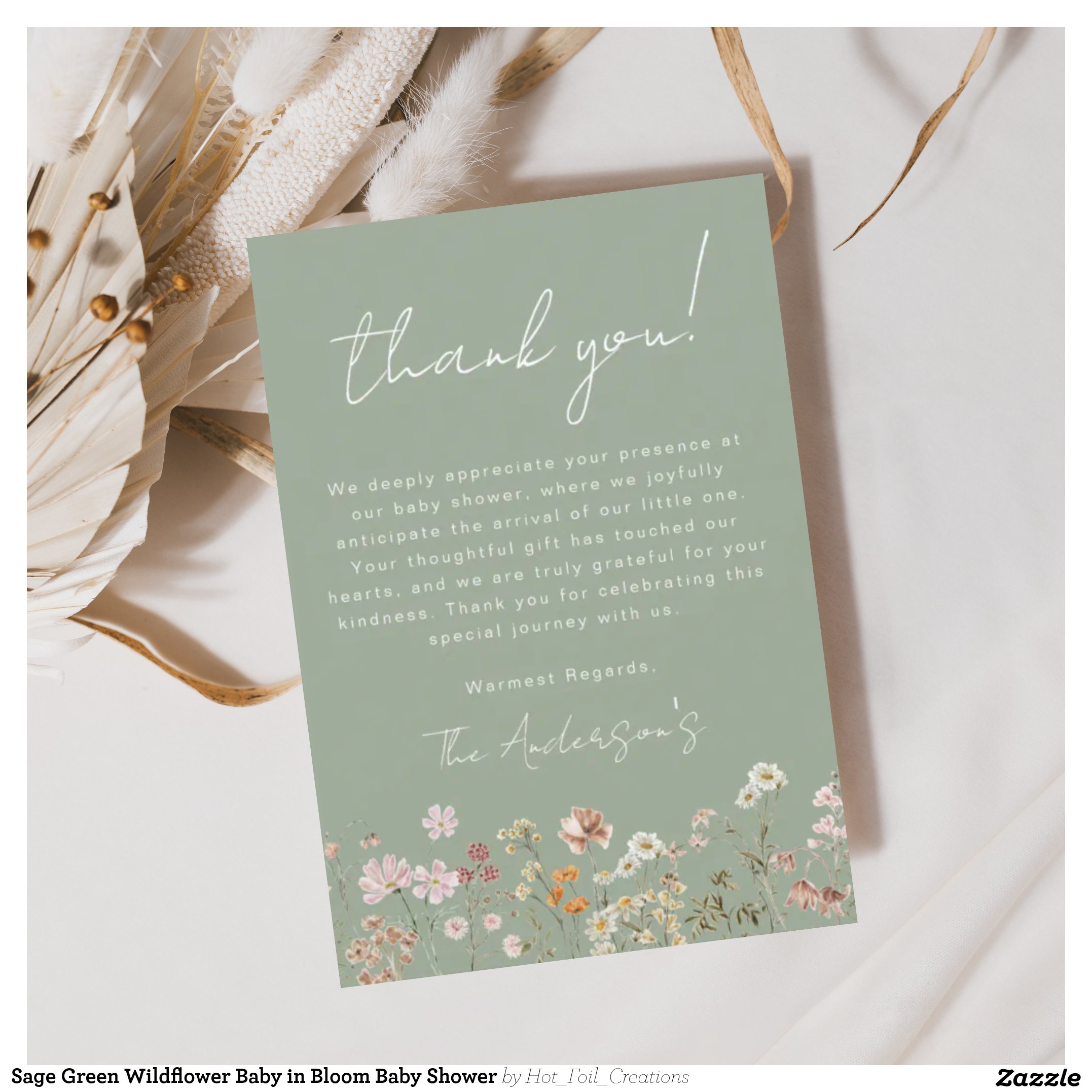 Sage Green Wildflower Baby in Bloom Baby Shower Thank You Card