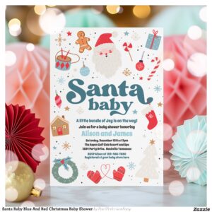 Santa Baby Blue And Red Christmas Baby Shower Invitation