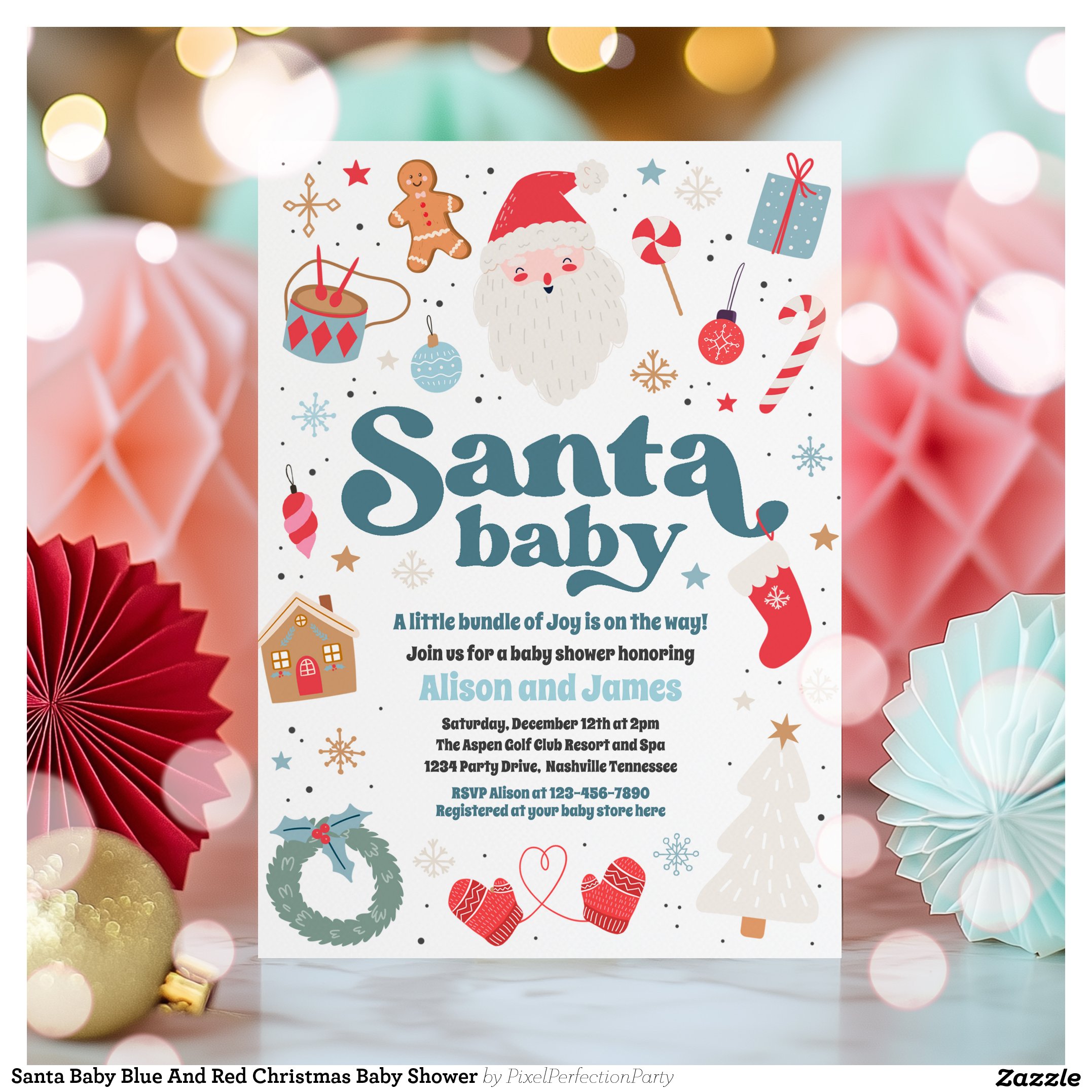 Santa Baby Blue And Red Christmas Baby Shower Invitation