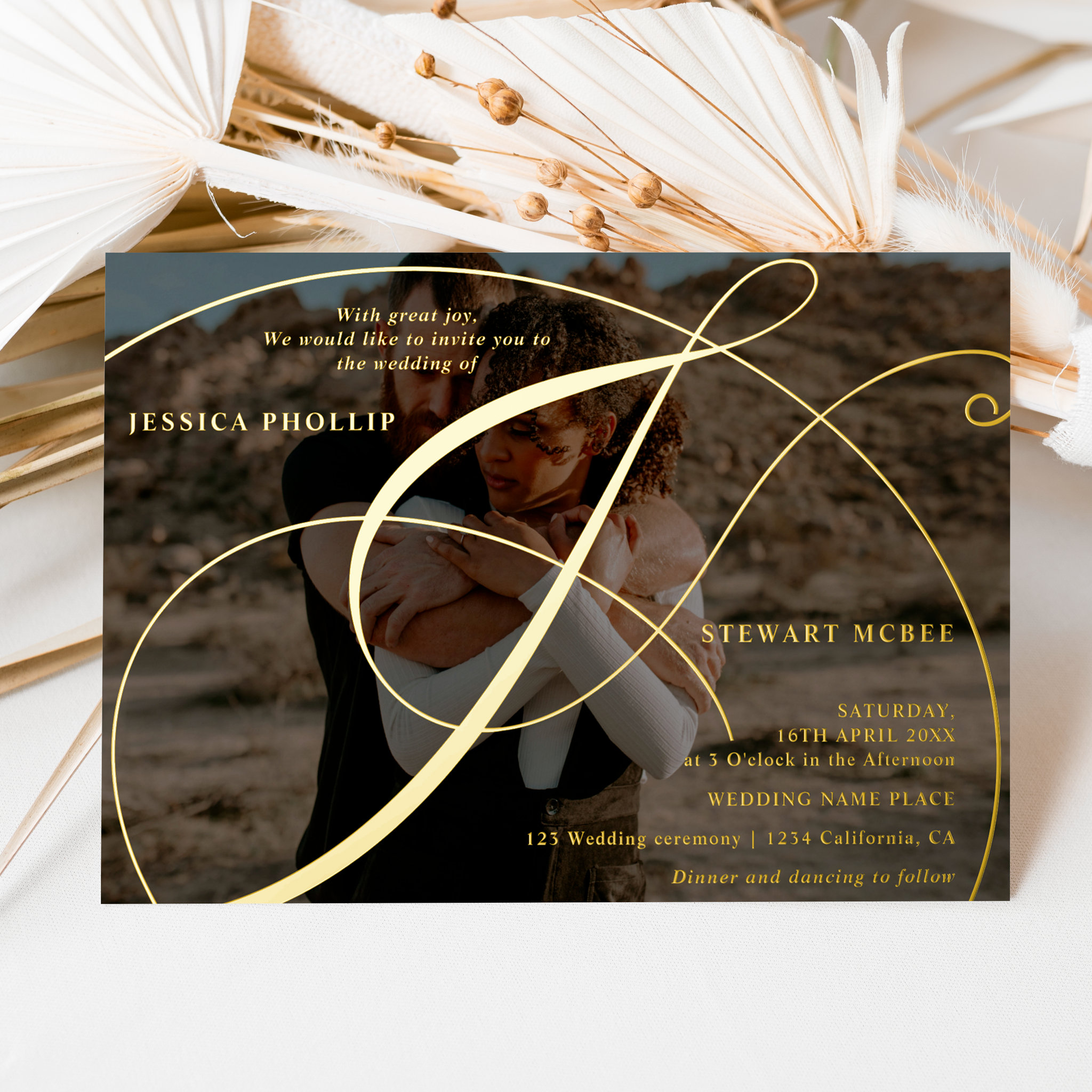 Script ampersand 2 photos calligraphy wedding foil invitation