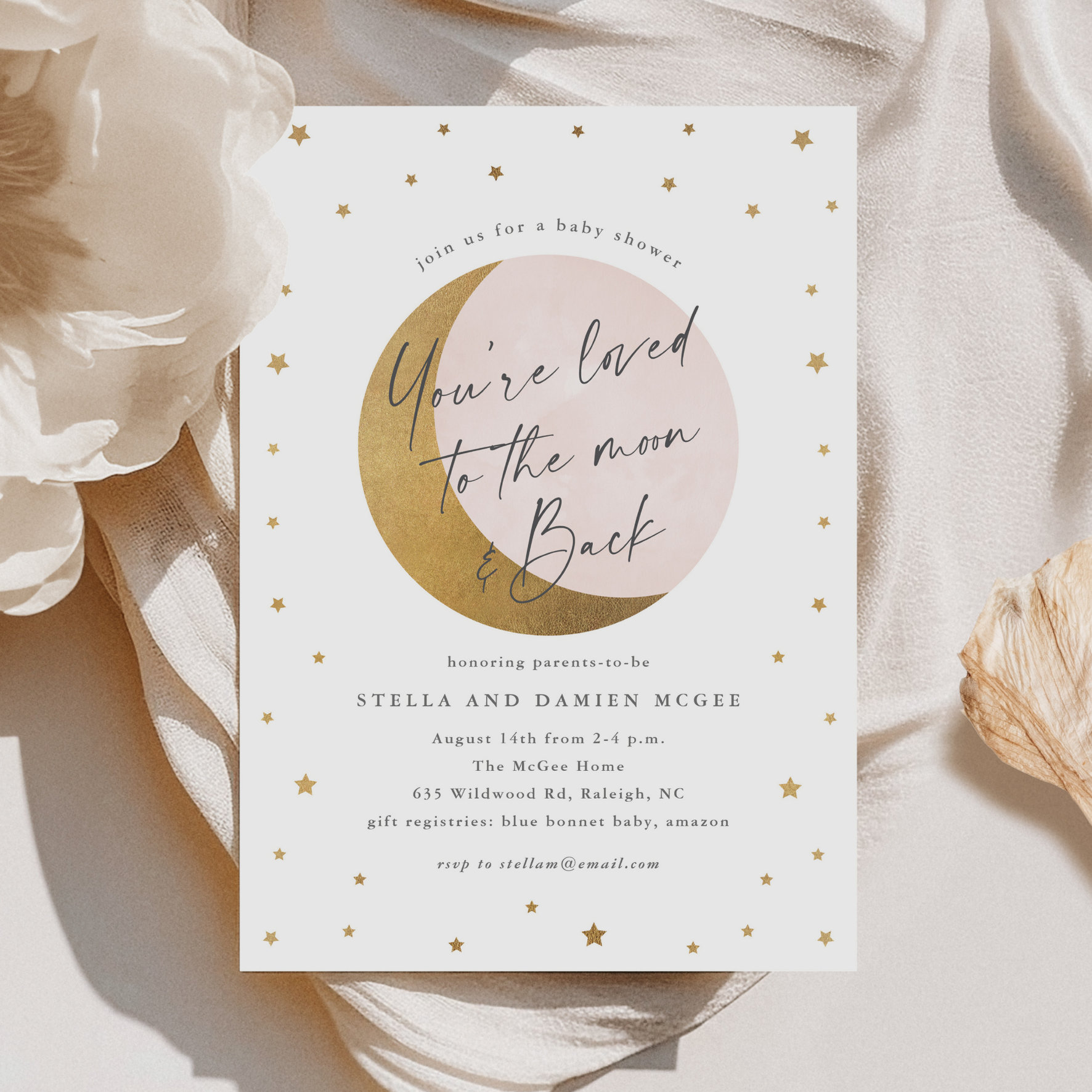 Script Moon and Back Baby Shower Invitation