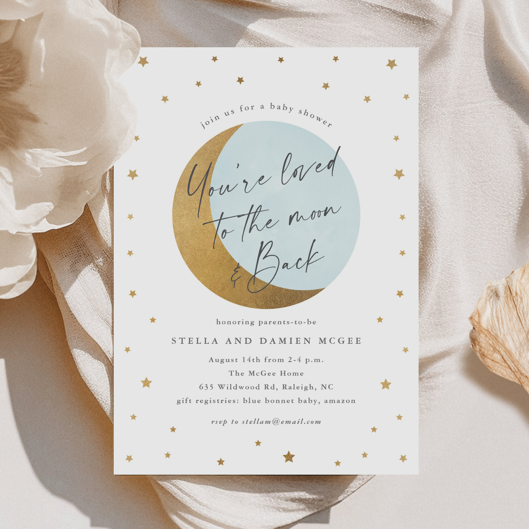 Script Moon and Stars Baby Shower Invitation