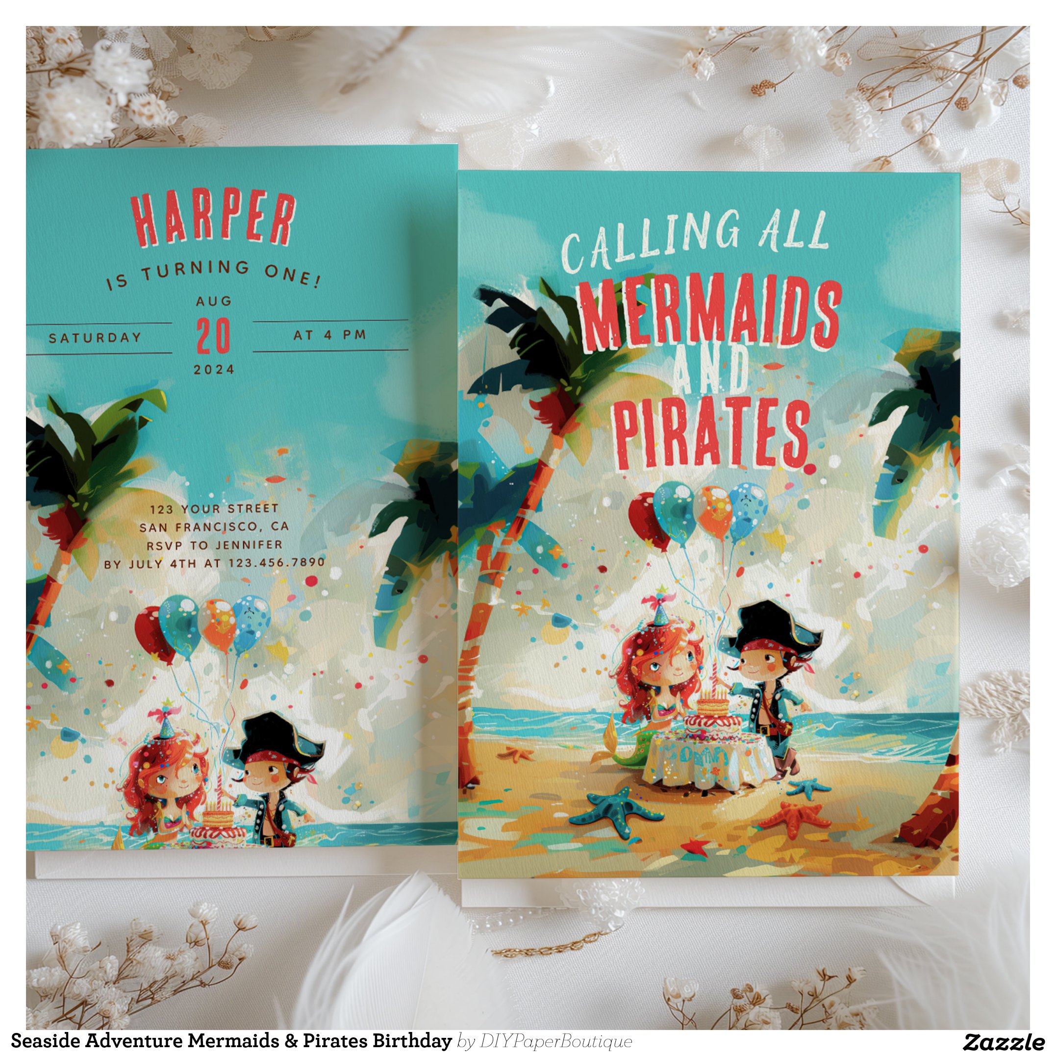 Seaside Adventure Mermaids & Pirates Birthday Invitation