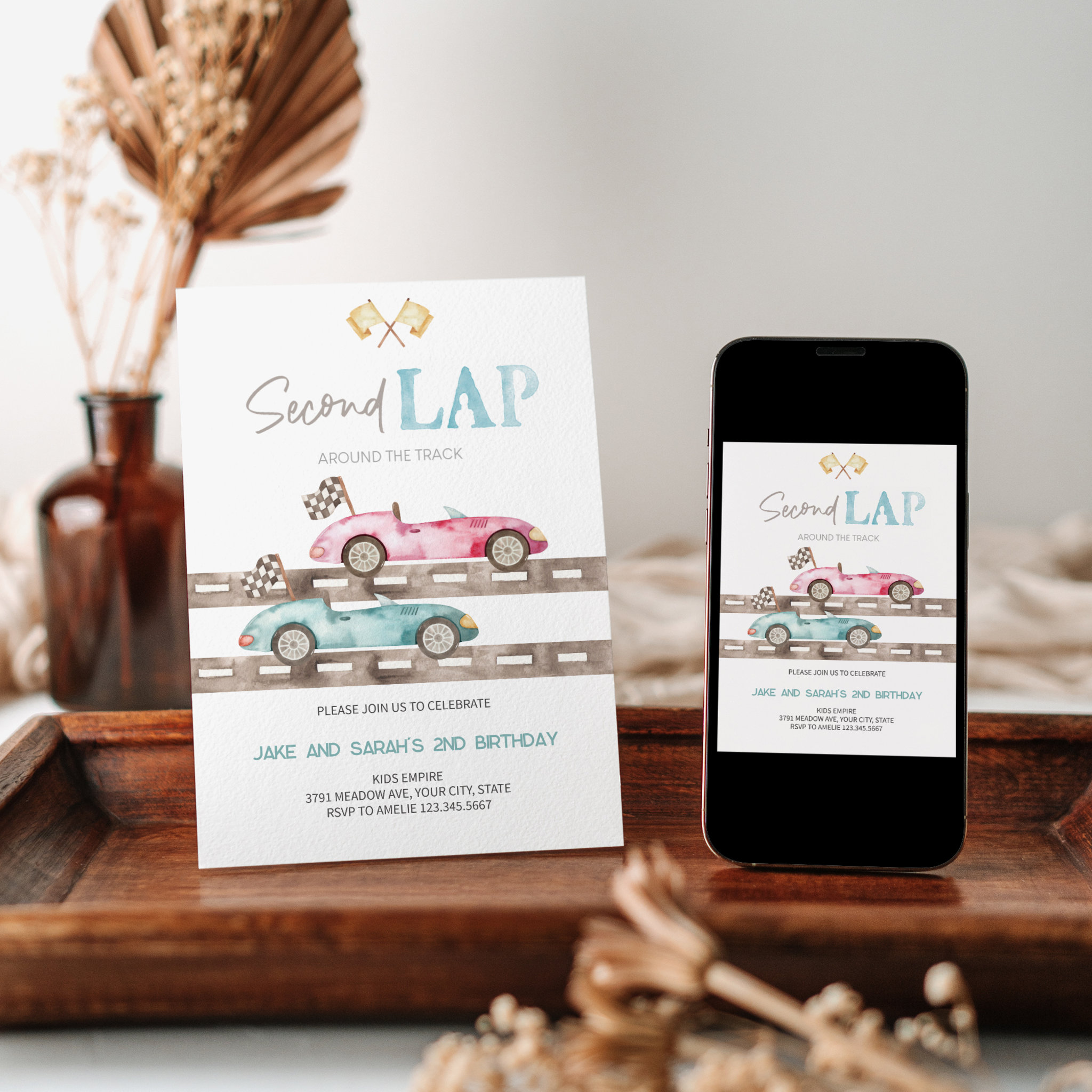 Second Lap Race Car Twins Birthday Invitation