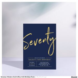 Seventy Modern Gold & Blue 70th Birthday Party Invitation