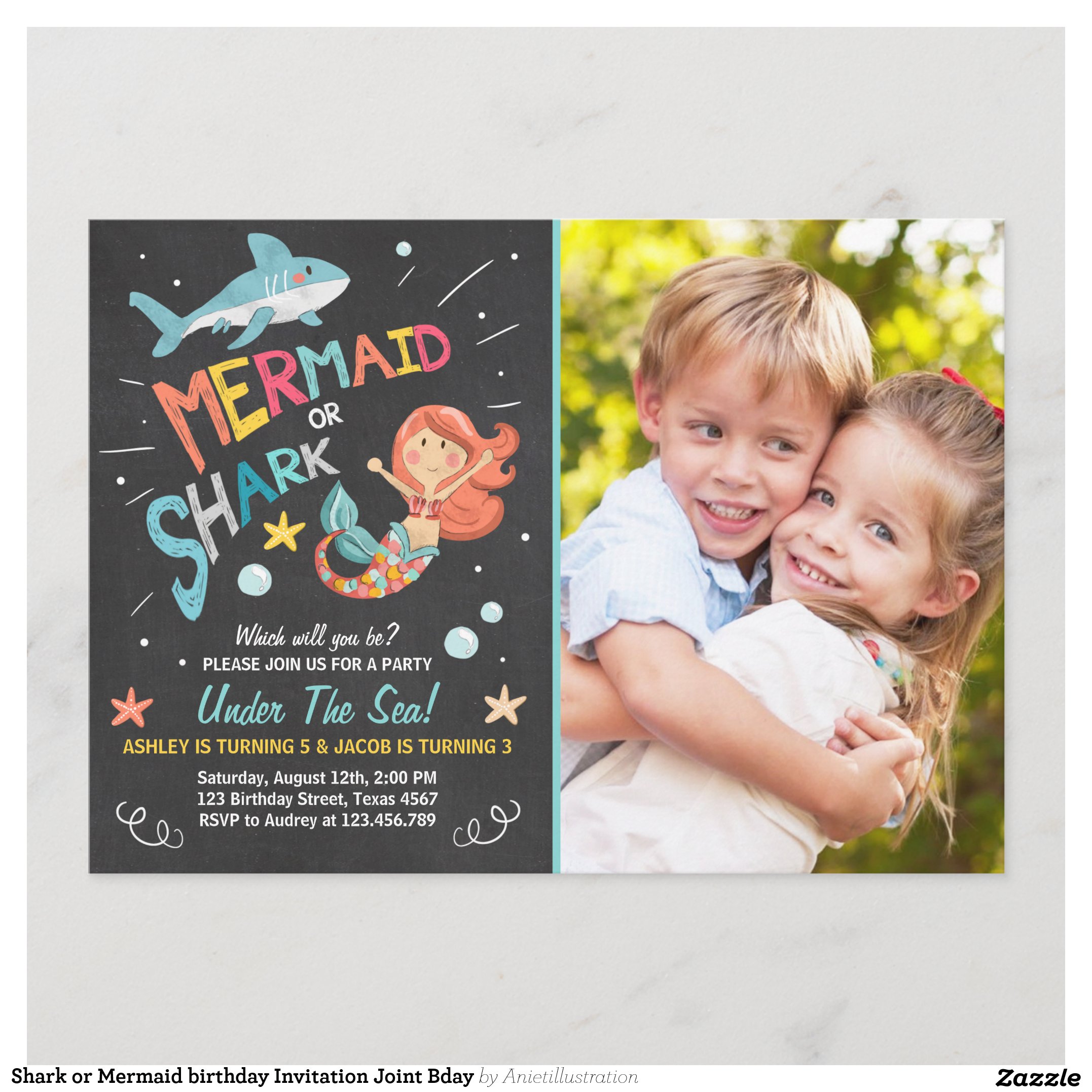 Shark or Mermaid birthday Invitation Joint Bday