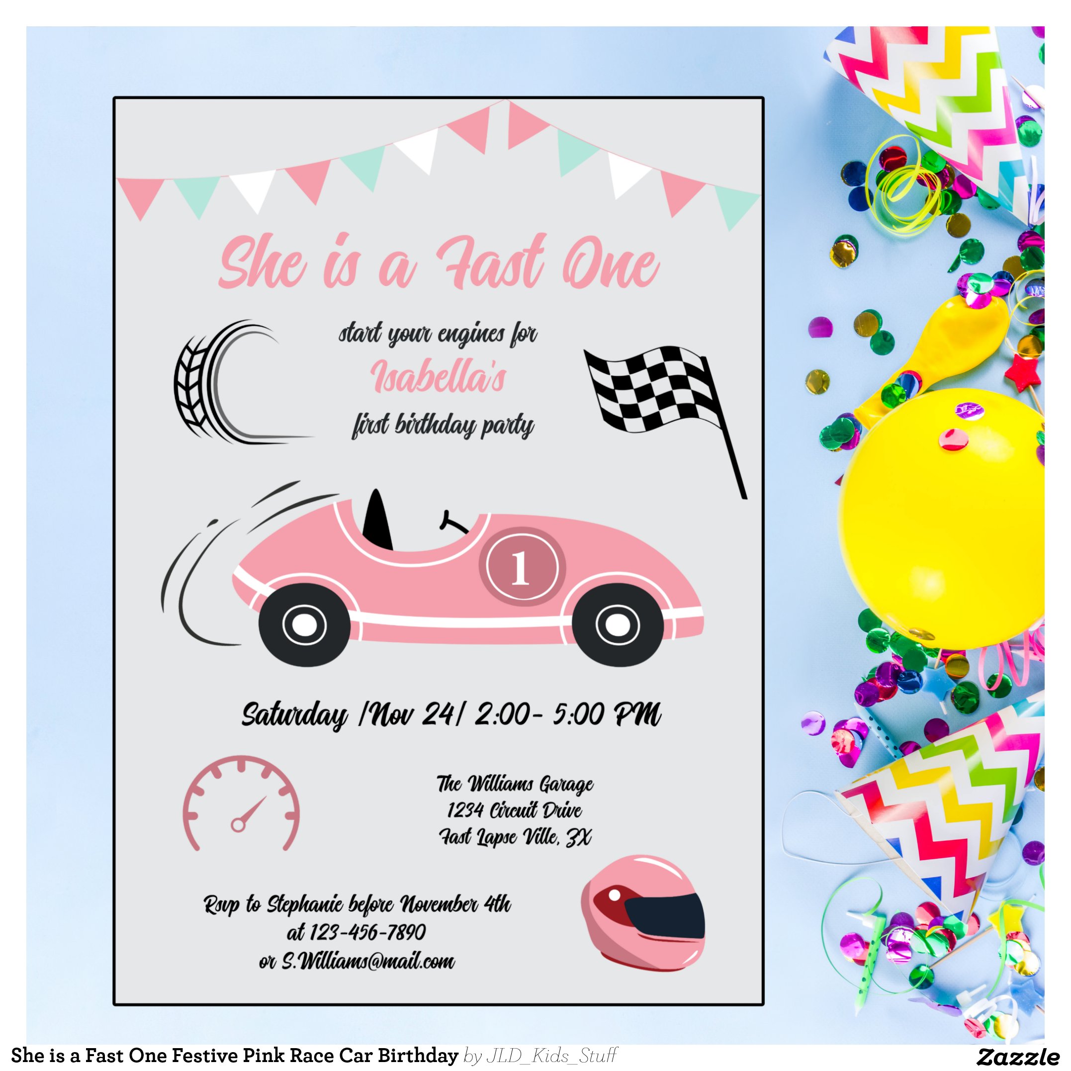 She is a Fast One Festive Pink Race Car Birthday Invitation
