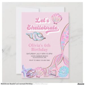 Shellebrate Seashell and mermaid Birthday Invitation
