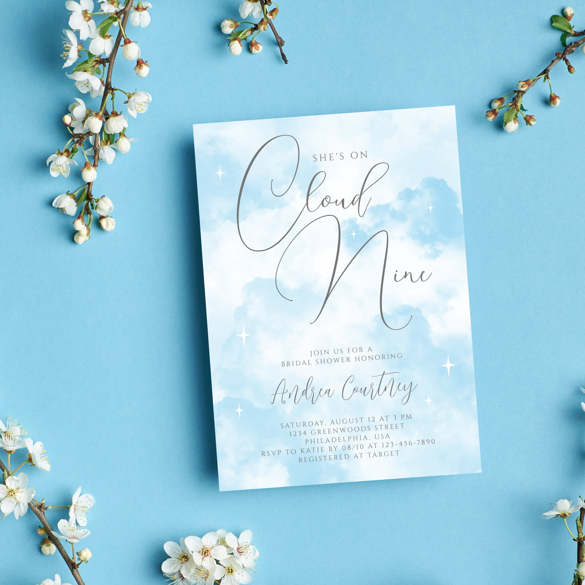She's on Cloud Nine Dreamy Blue Bridal Shower Invitation