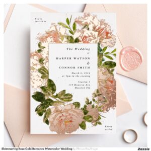 Shimmering Rose Gold Romance Watercolor Wedding Foil Invitation