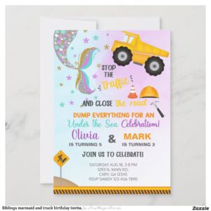 Siblings mermaid and truck birthday invite. invitation