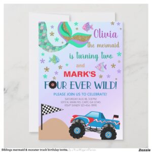 Siblings mermaid & monster truck birthday invite. invitation