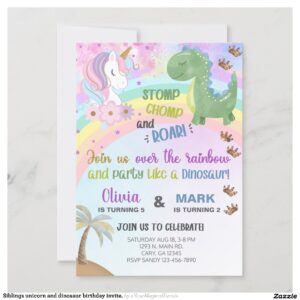 Siblings unicorn and dinosaur birthday invite. invitation