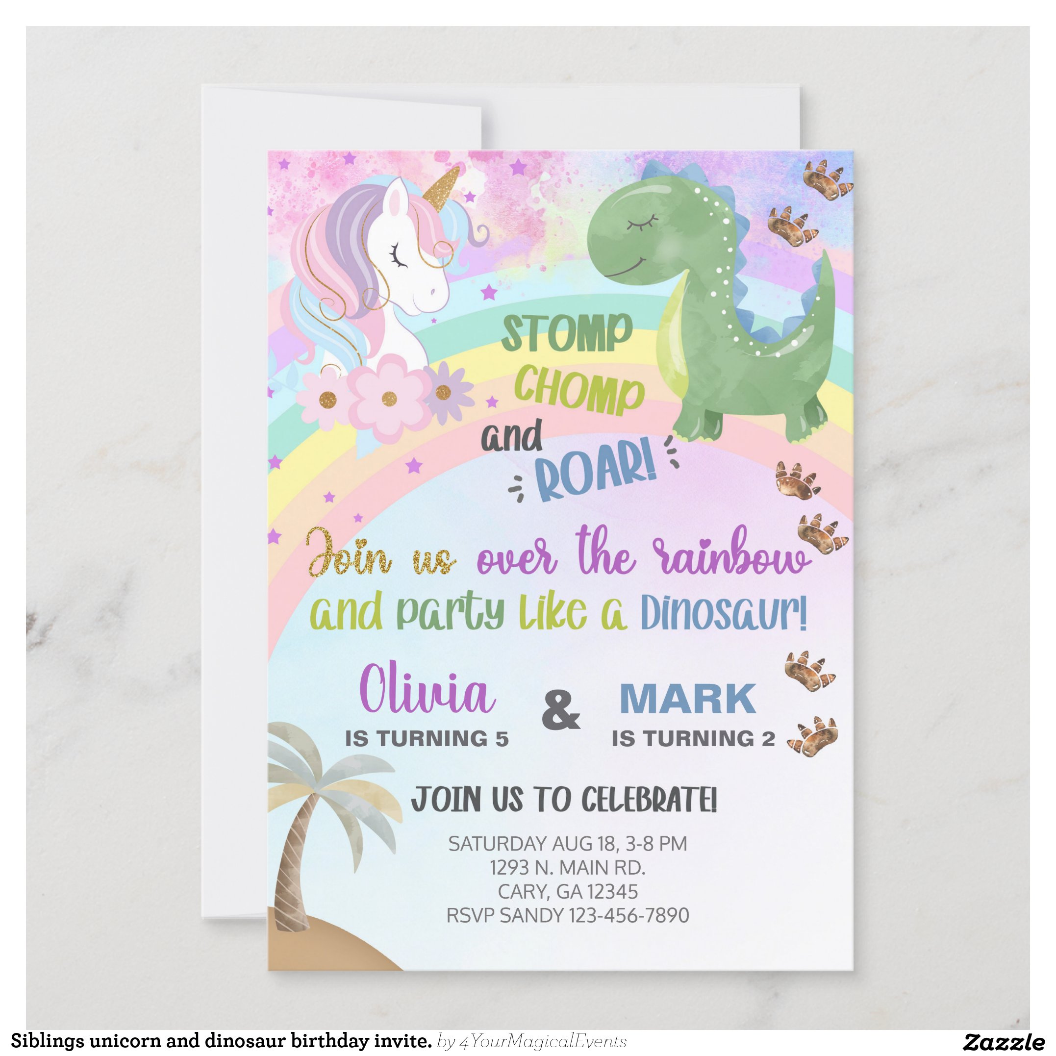 Siblings unicorn and dinosaur birthday invite. invitation