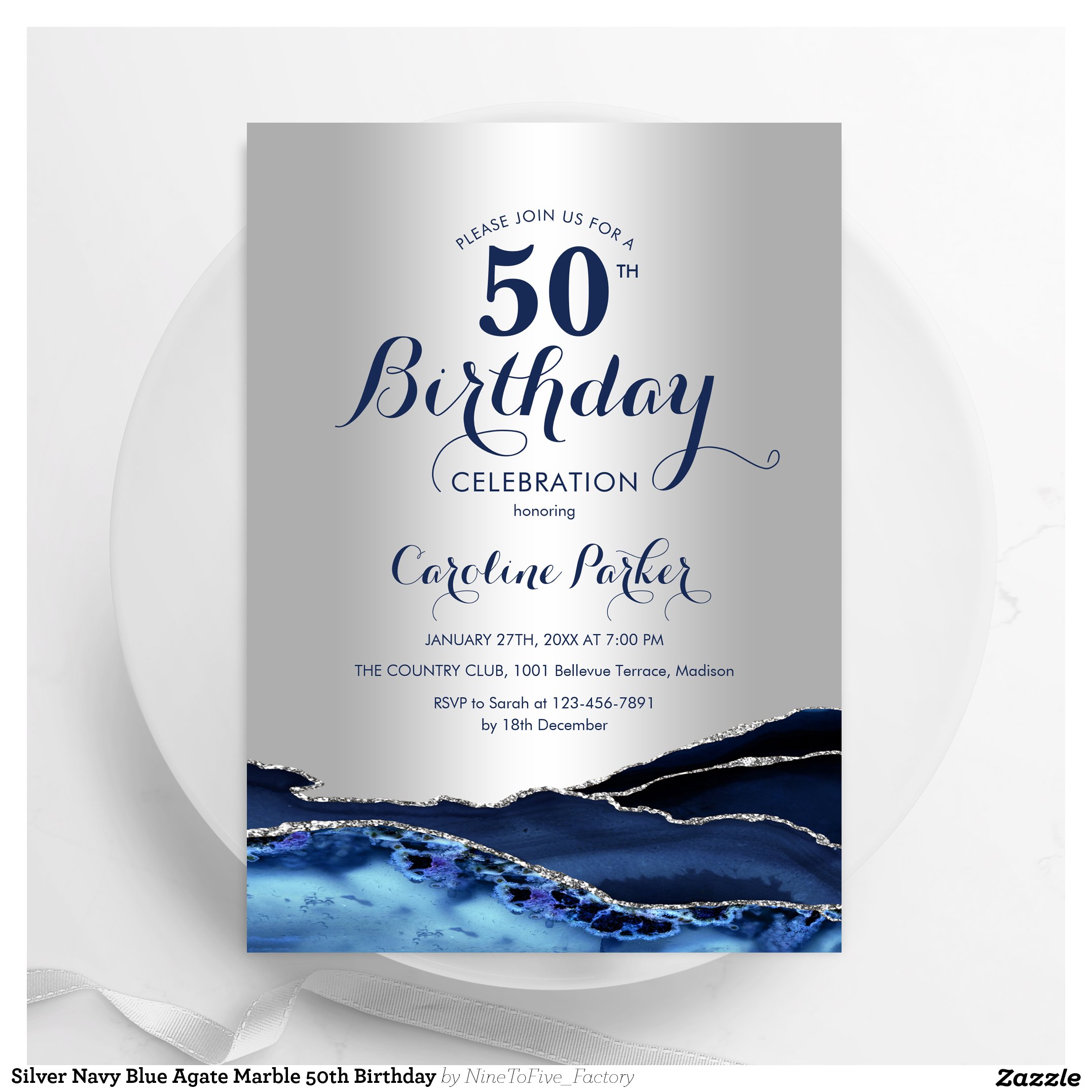 Silver Navy Blue Agate Marble 50th Birthday Invitation