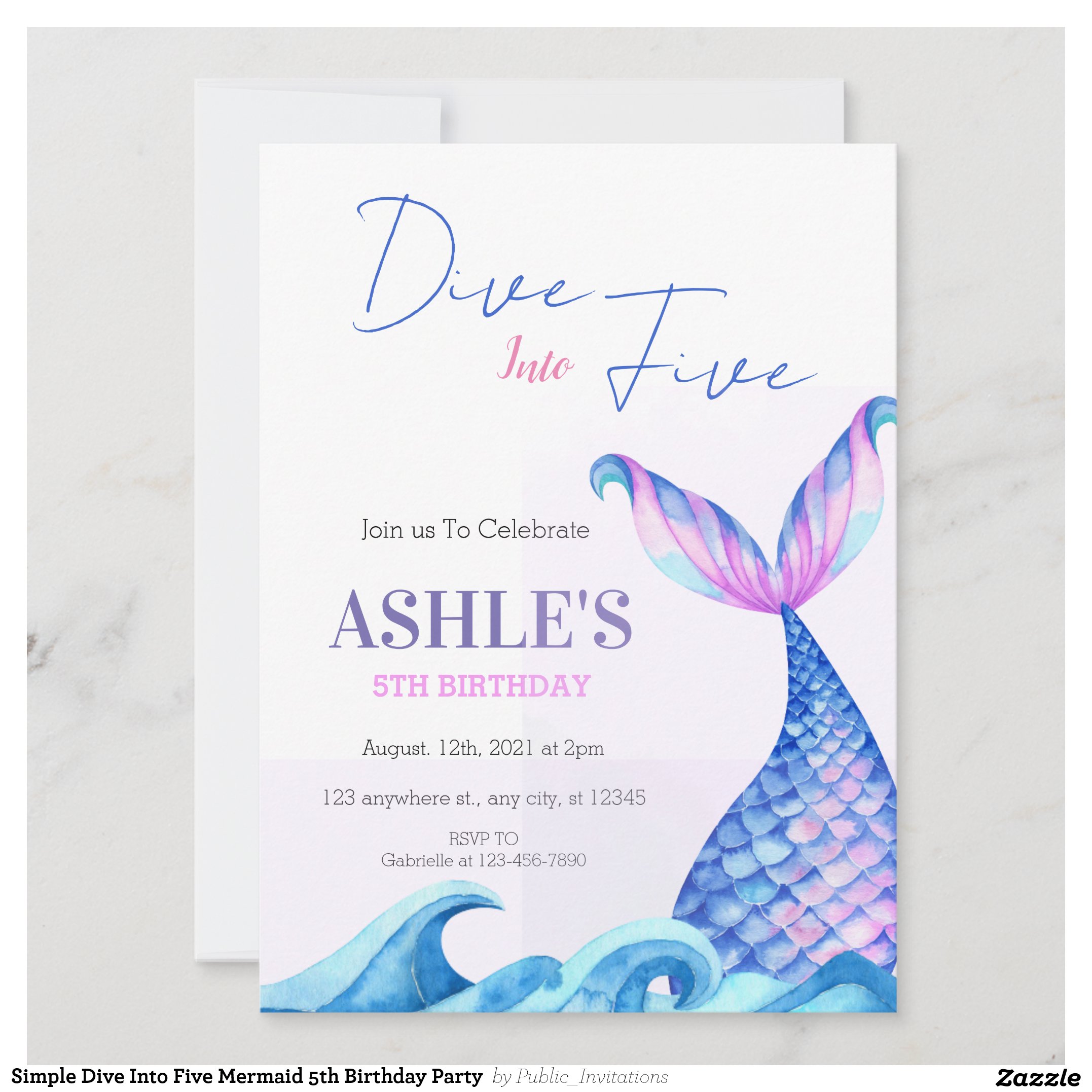 Simple Dive Into Five Mermaid 5th Birthday Party Invitation