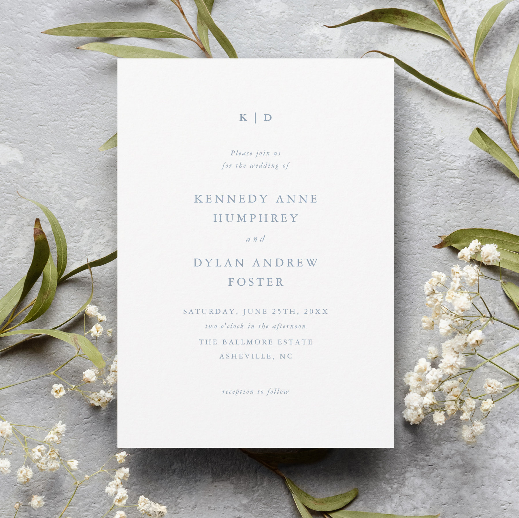 Simple Dusty Blue Elegant Wedding Invitation
