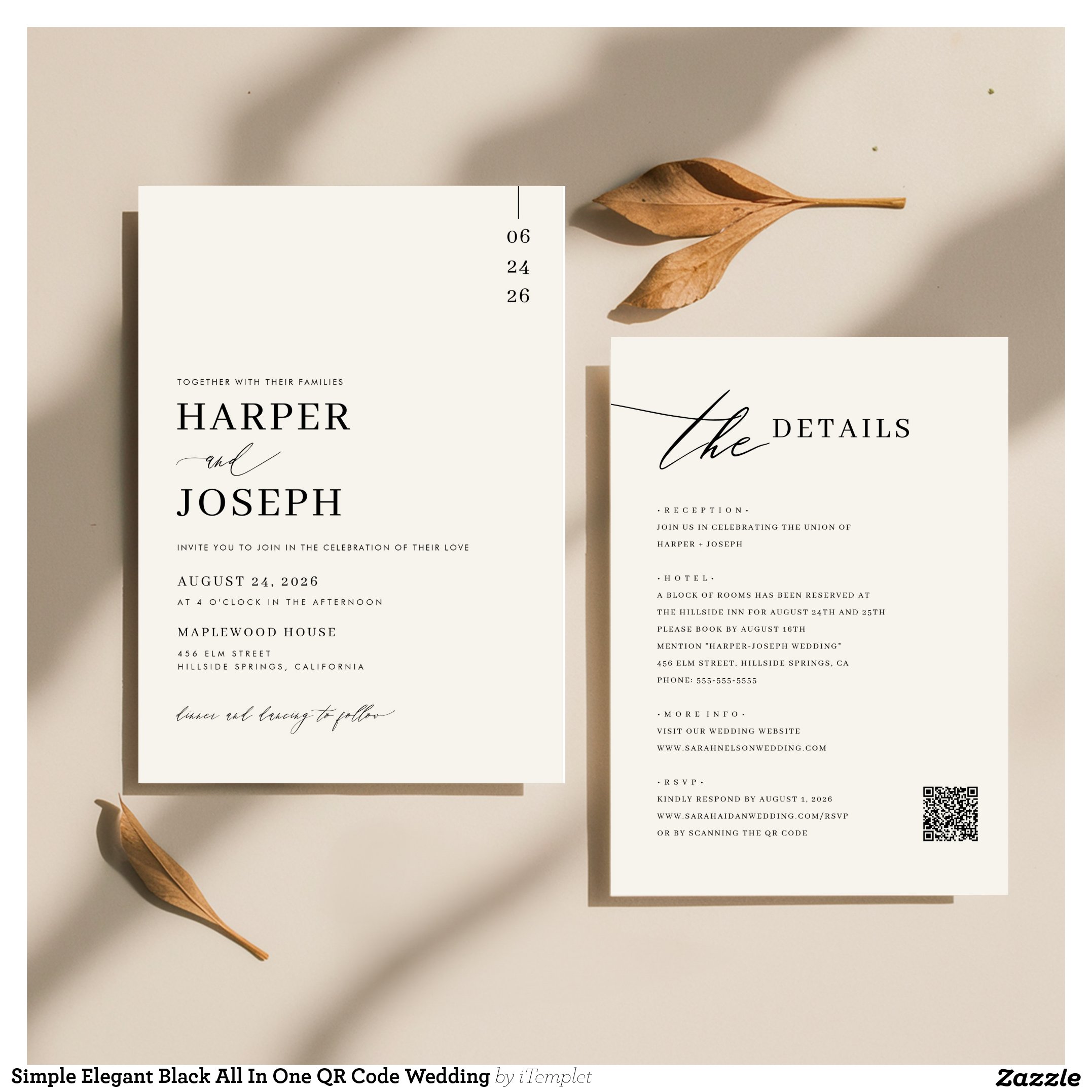 Simple Elegant Black All In One QR Code Wedding Invitation