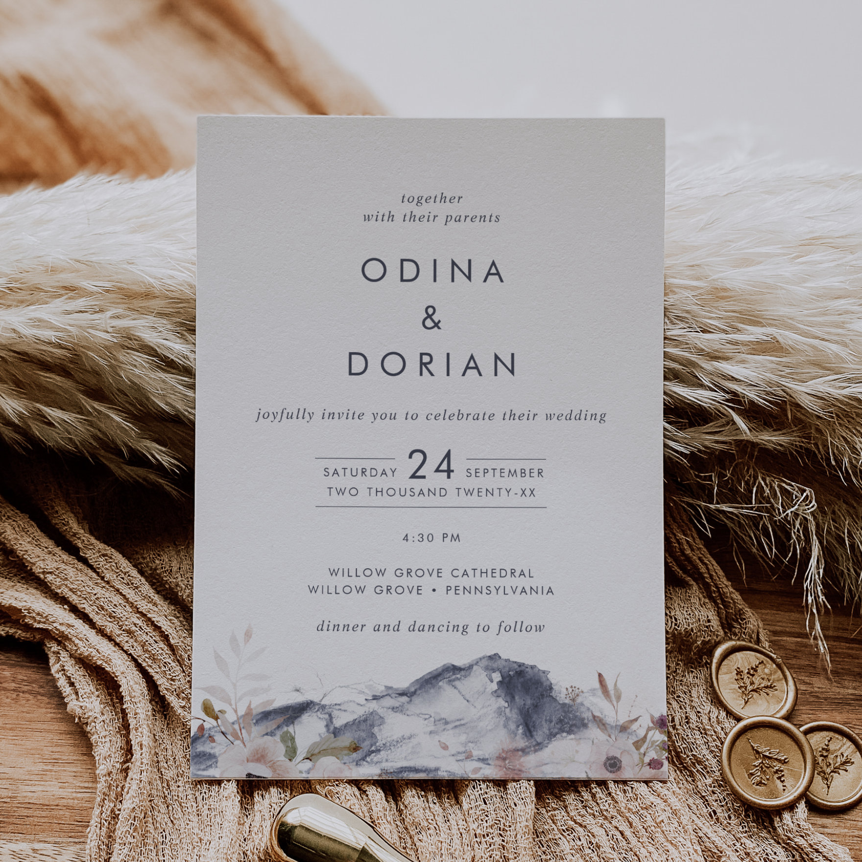 Simple Floral Mountain All In One Wedding Invitation