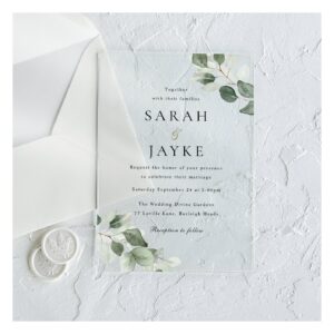 Simple Modern Minimal Green Leaf Wedding Acrylic Invitations