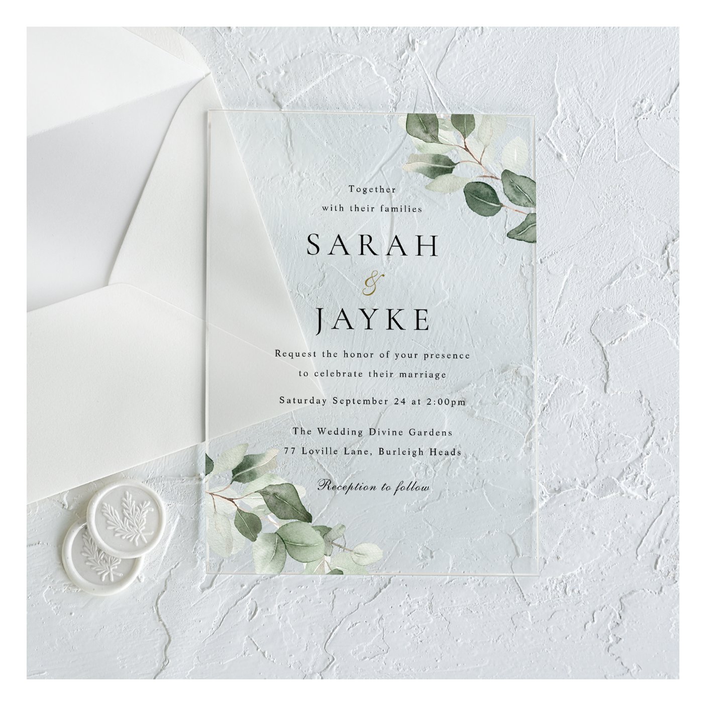 Simple Modern Minimal Green Leaf Wedding Acrylic Invitations