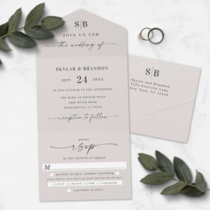 Simple Monogram & Script Ivory Off-White Wedding All In One Invitation