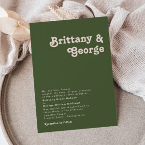 Simple Retro Vibes Olive Green Traditional Wedding Invitation