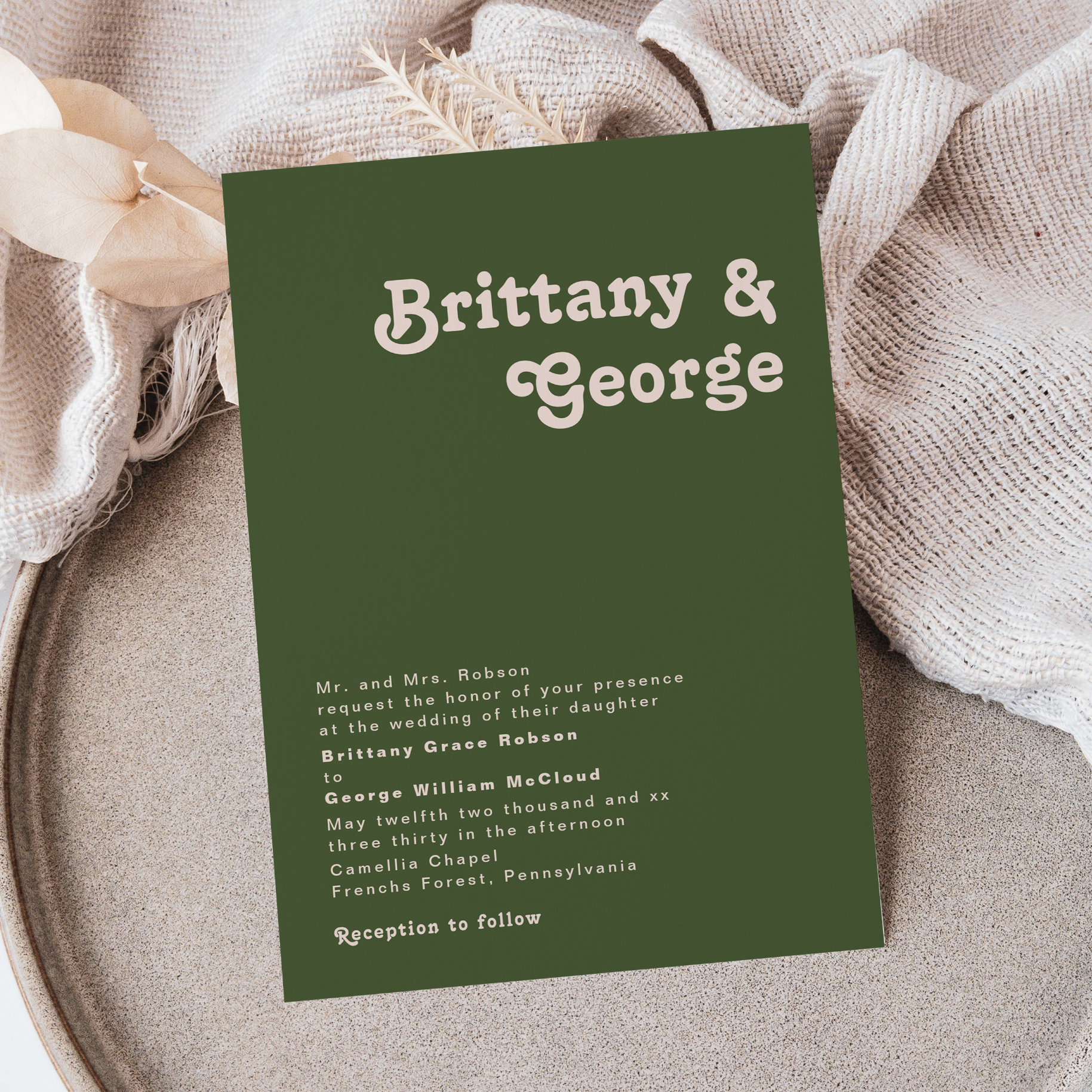 Simple Retro Vibes Olive Green Traditional Wedding Invitation