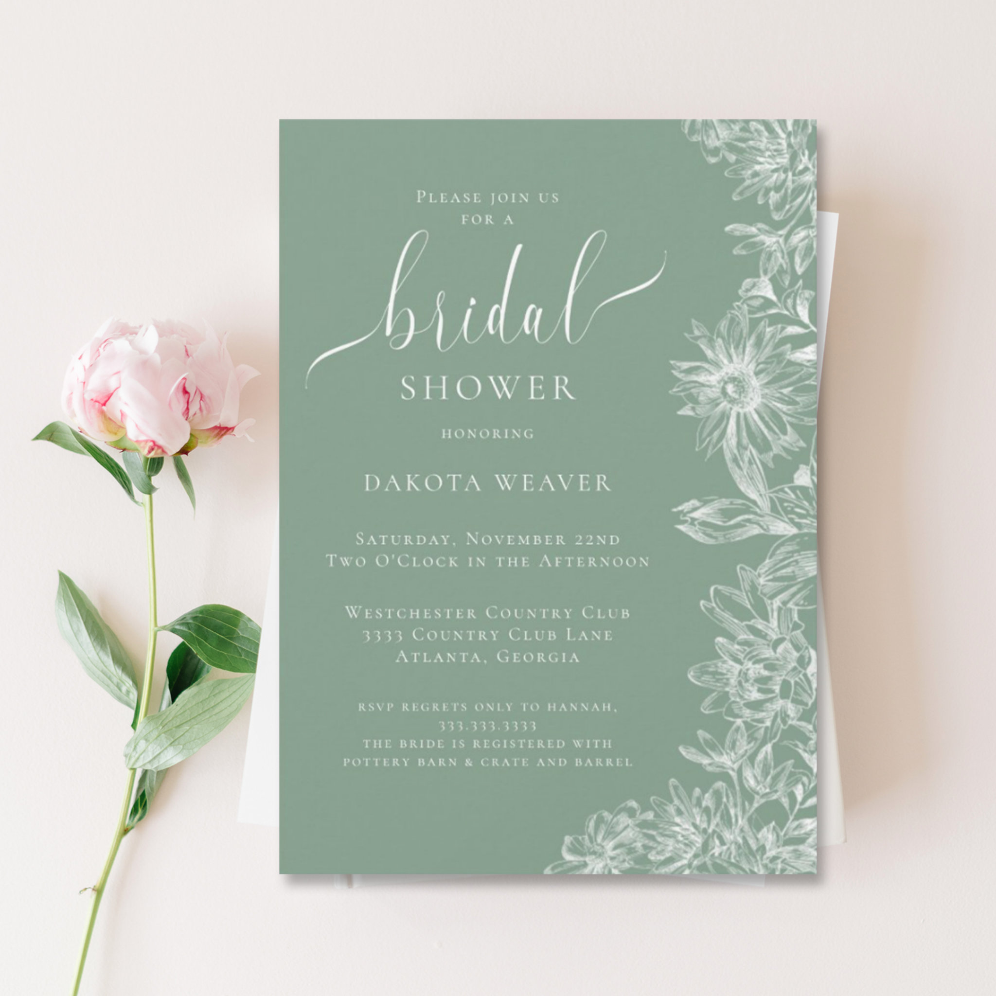 Simple Sage Green Floral Bridal Shower Invitation
