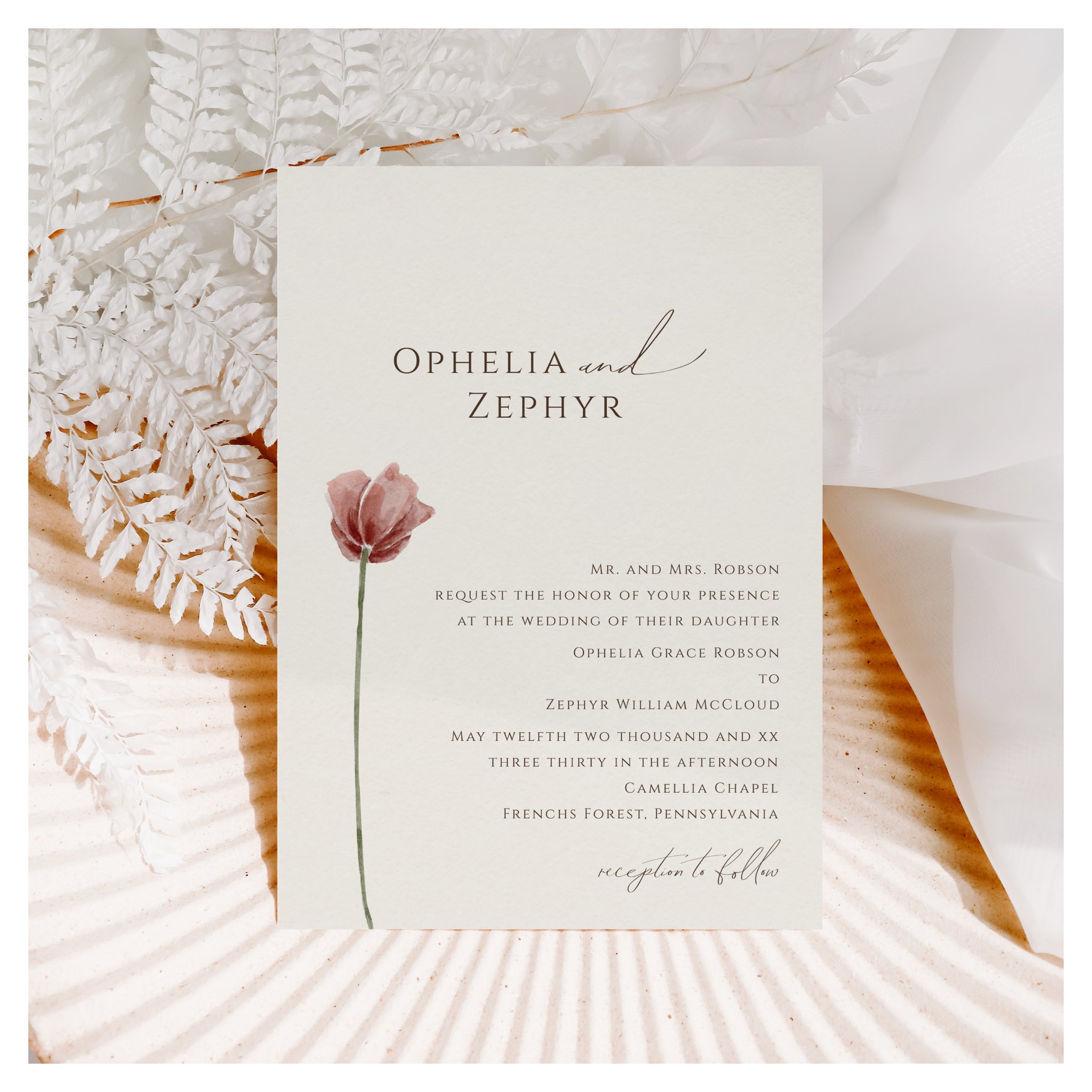 Simple Wildflower Beige Traditional Wedding Invitation