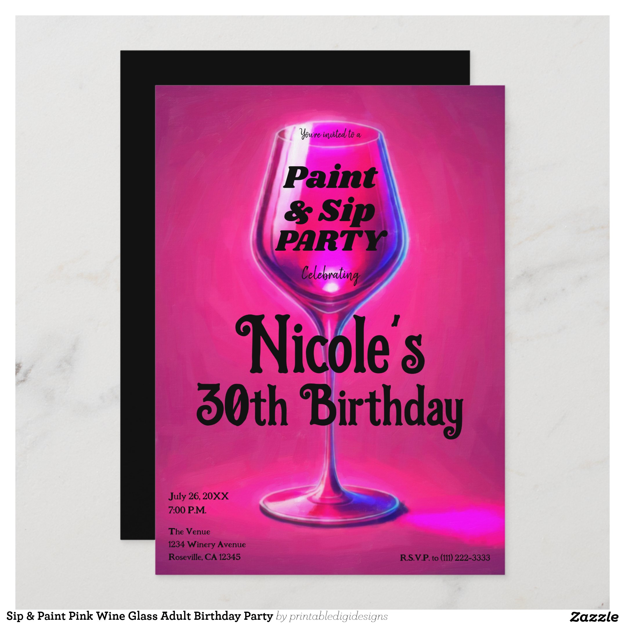 Sip & Paint Pink Wine Glass Adult Birthday Party Invitation