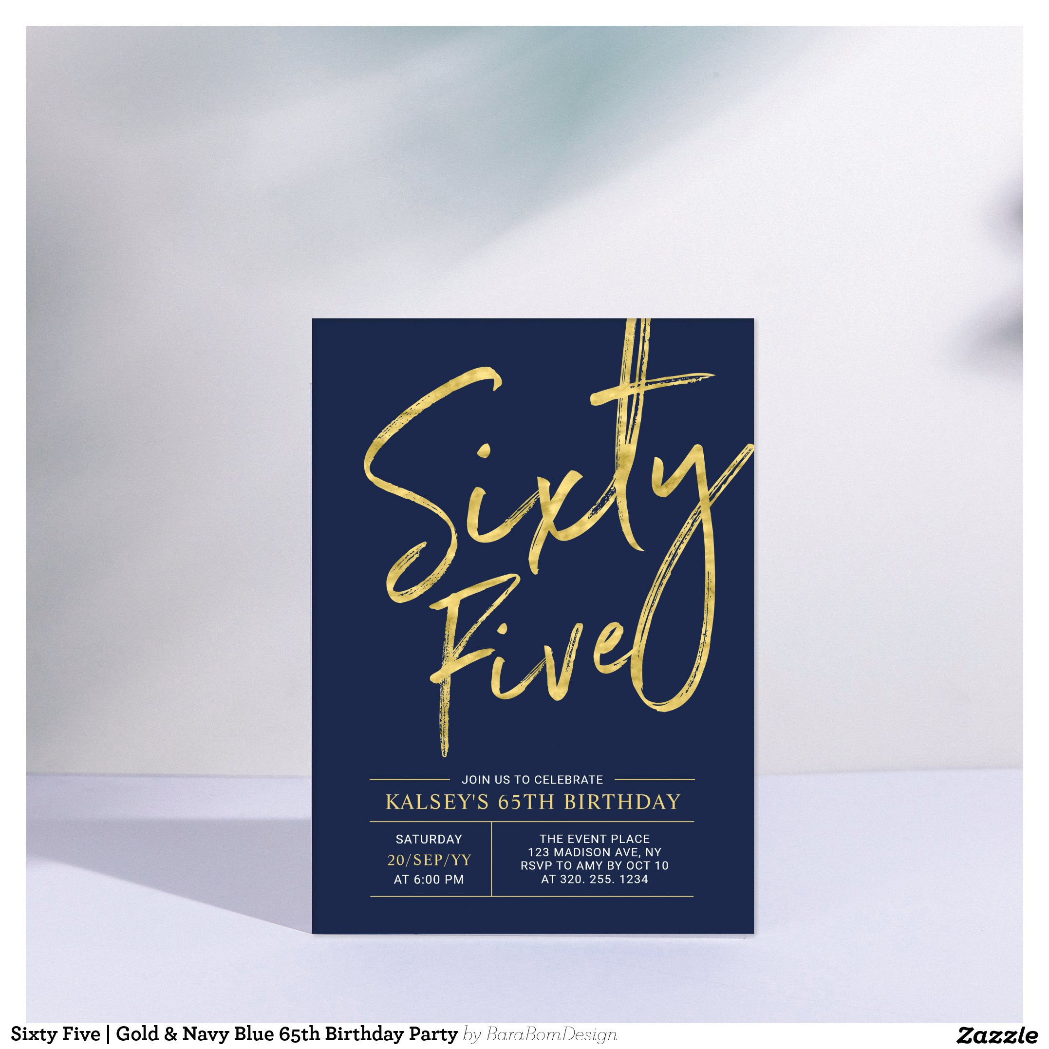 Sixty Five   Gold & Navy Blue 65th Birthday Party Invitation