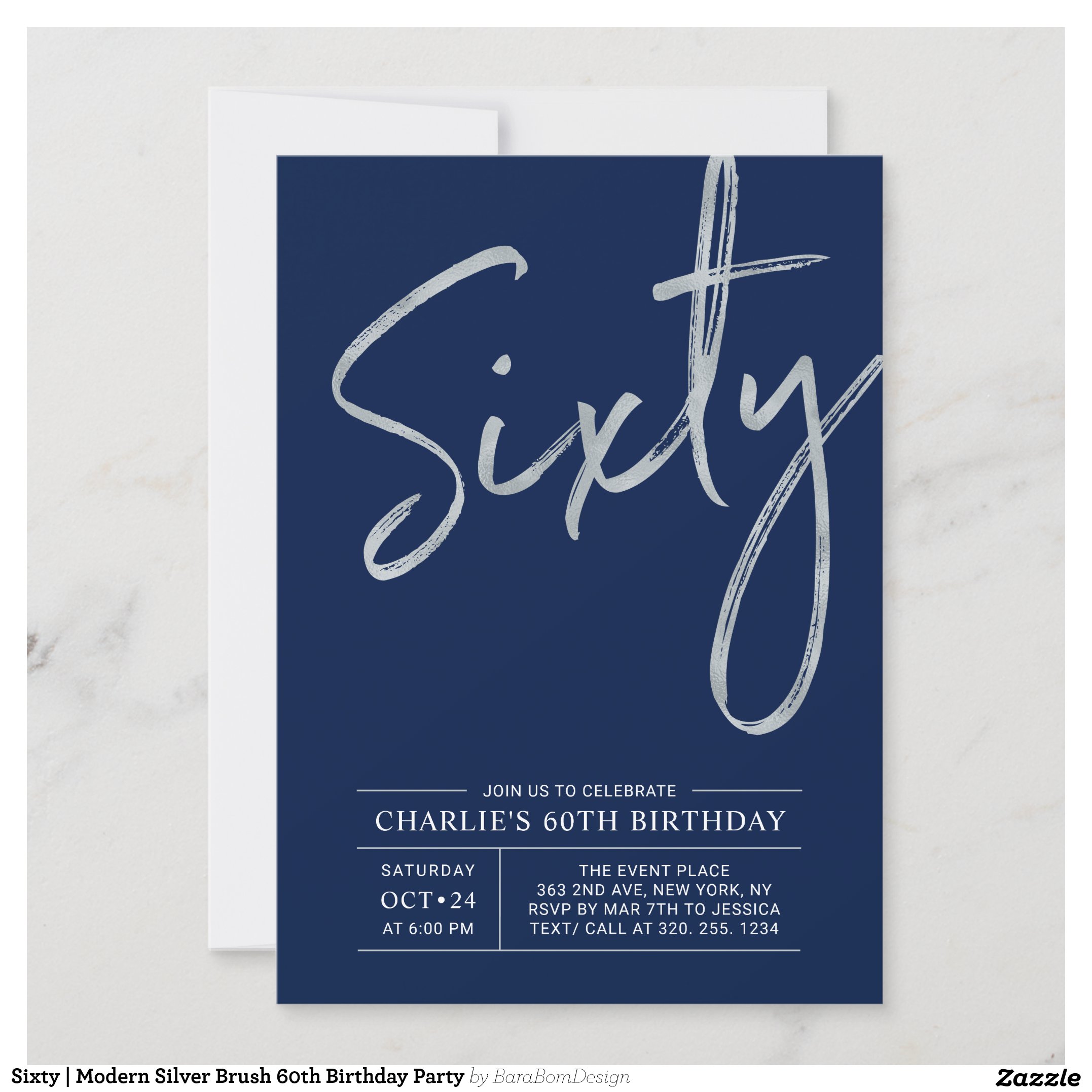 Sixty Modern Silver Brush 60th Birthday Party Invitation