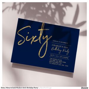 Sixty   Navy & Gold Modern 60th Birthday Party Invitation