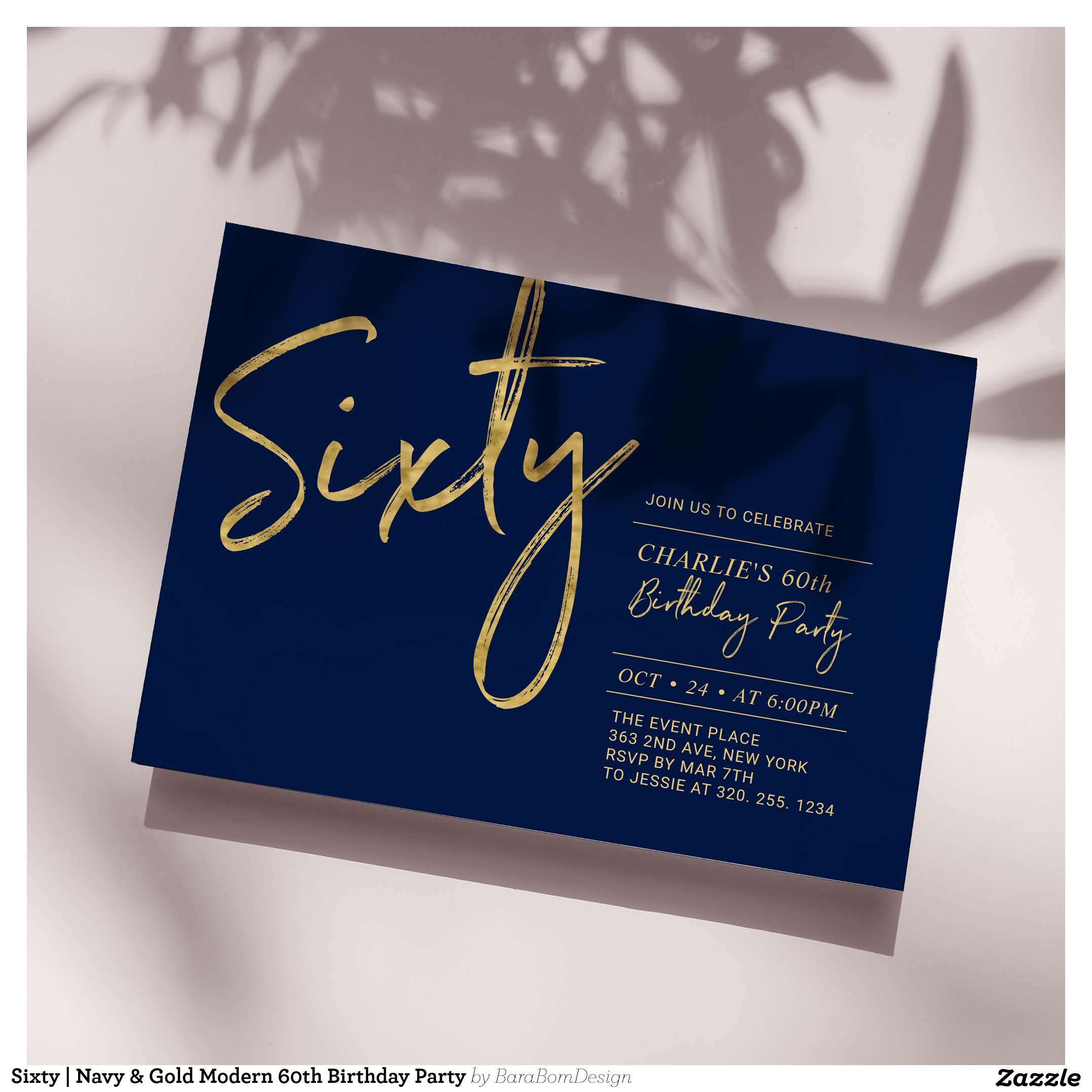 Sixty Navy & Gold Modern 60th Birthday Party Invitation