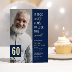 Sixty Photo Blue & Gold 60th Birthday Party Real Foil Invitation