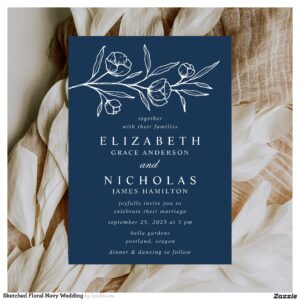 Sketched Floral Navy Wedding Invitation