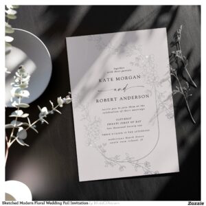 Sketched Modern Floral Wedding Foil Invitation