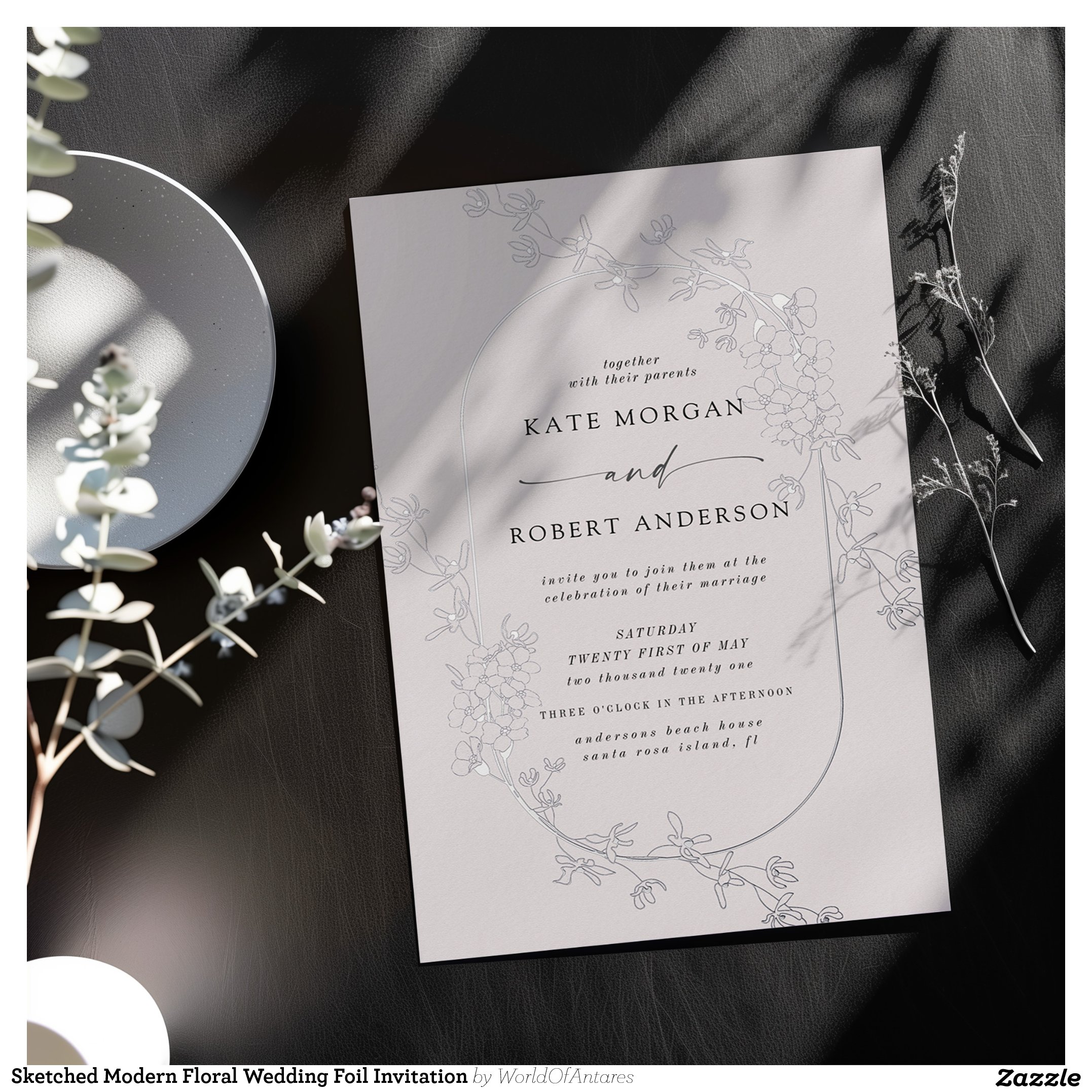 Sketched Modern Floral Wedding Foil Invitation