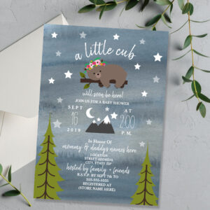 Sleepy Bear Cub Watercolor Girl Baby Shower Invitation