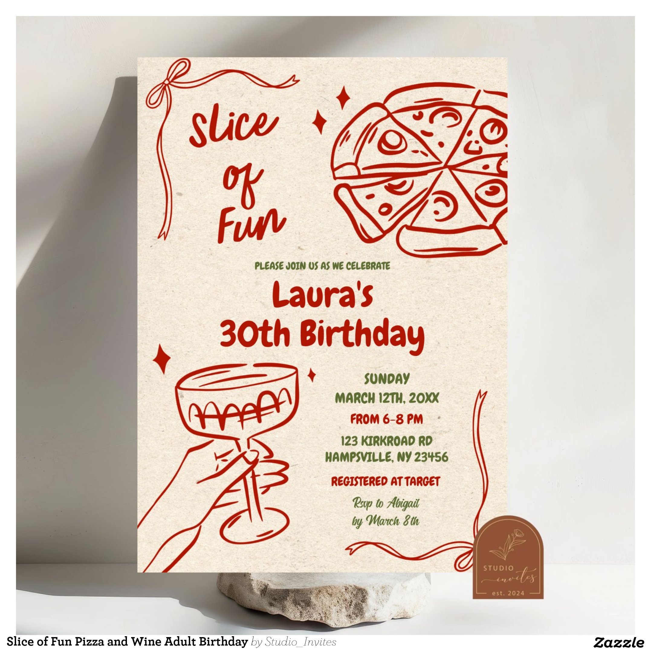 Slice of Fun Pizza and Wine Adult Birthday Invitation