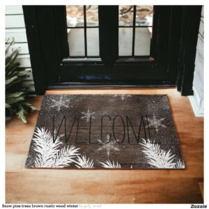 Snow pine trees brown rustic wood winter doormat