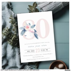 SOFT AQUA BLUSH BLUE FLORAL 80TH ANY AGE BIRTHDAY INVITATION